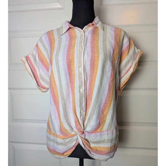 Loft Lou & Grey Size L Blouse 100% Linen Striped Button Up Twist Front Boho Chic - Picture 2 of 10